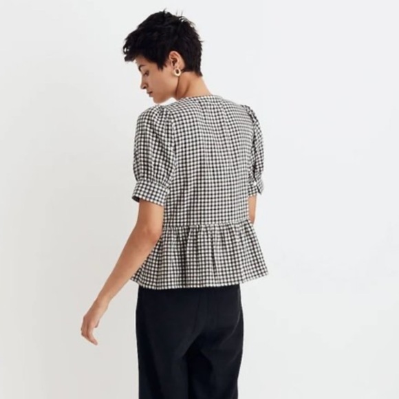 NWOT Madewell Brushed Gauze Puff Sleeve Peplum Top in Gingham Check Size Small - Picture 4 of 6